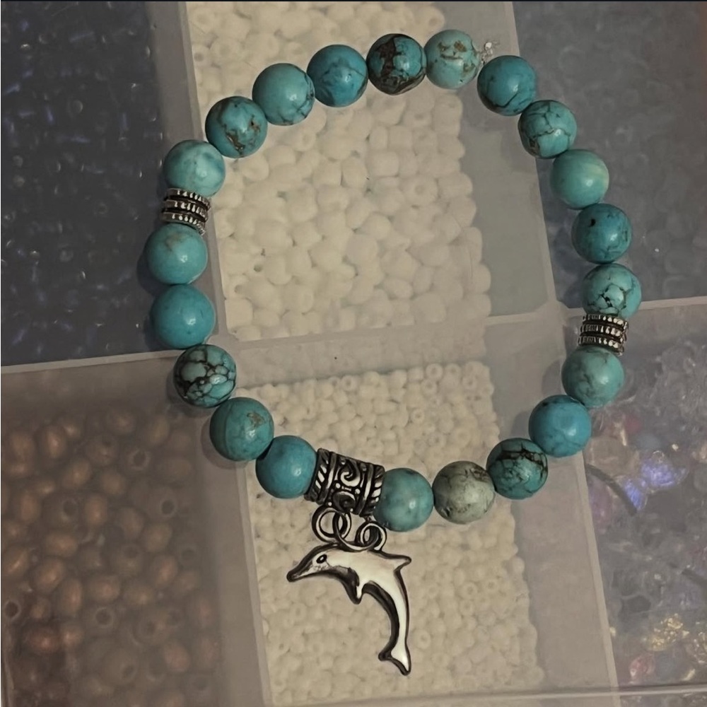 Turquoise Beaded Bracelet with Dolphin Charm